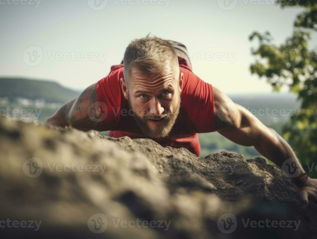 déterminé homme grimpe une raide Montagne Piste ai génératif photo