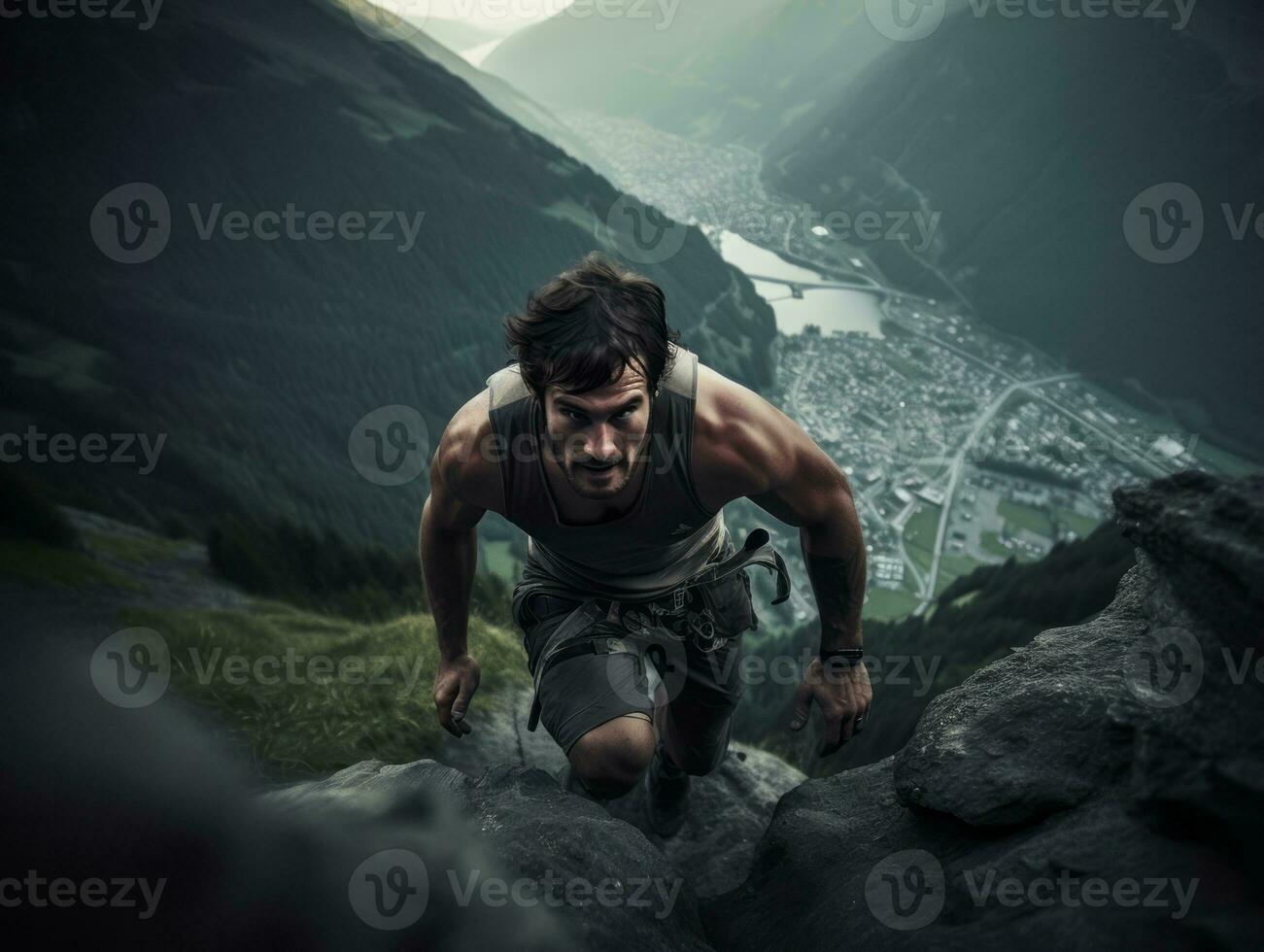 déterminé homme grimpe une raide Montagne Piste ai génératif photo