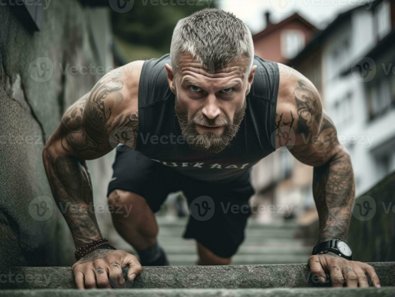 déterminé homme grimpe une raide Montagne Piste ai génératif photo