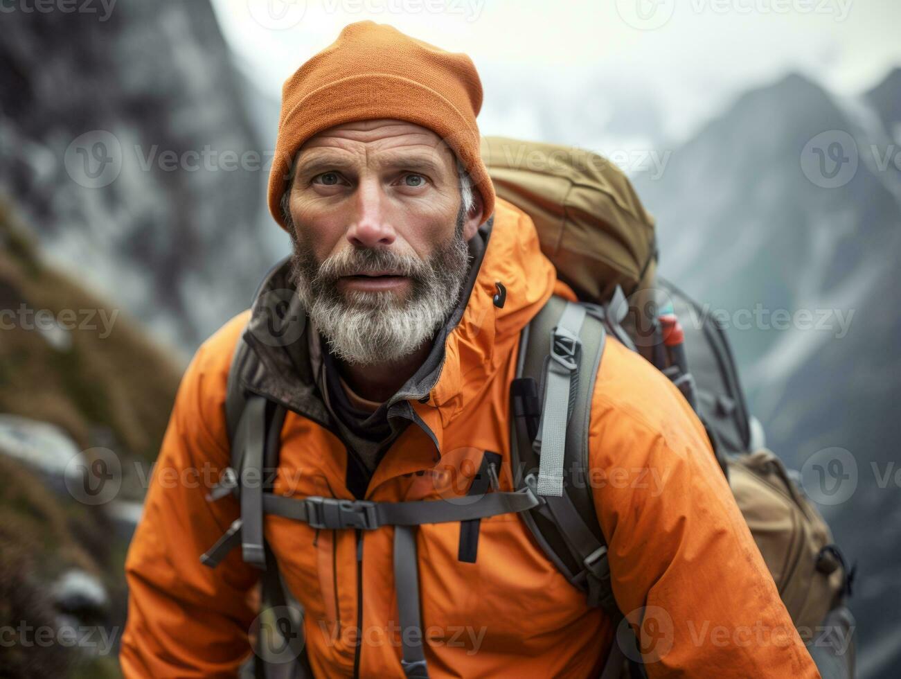 déterminé homme grimpe une raide Montagne Piste ai génératif photo