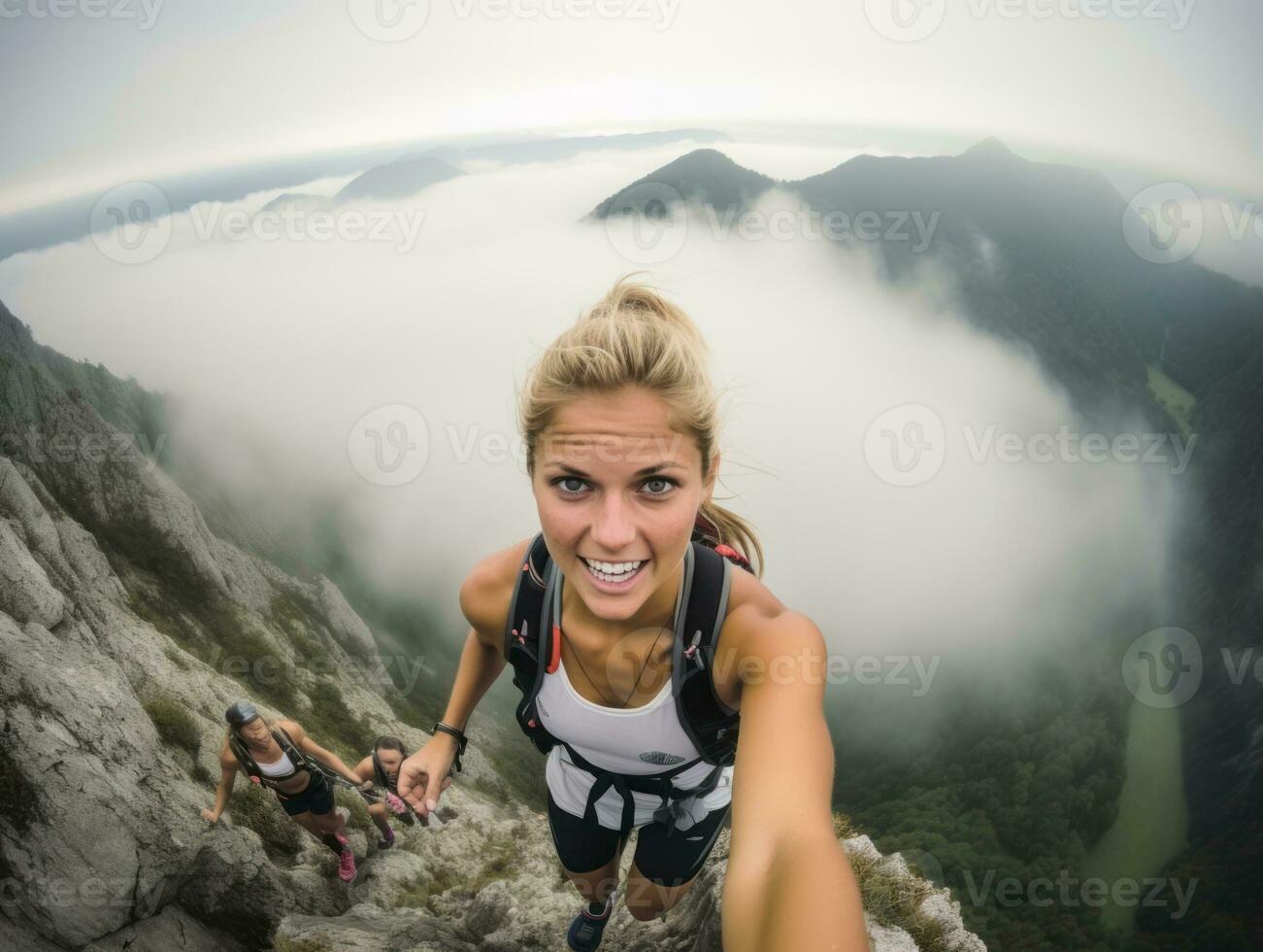 déterminé femme grimpe une raide Montagne Piste ai génératif photo