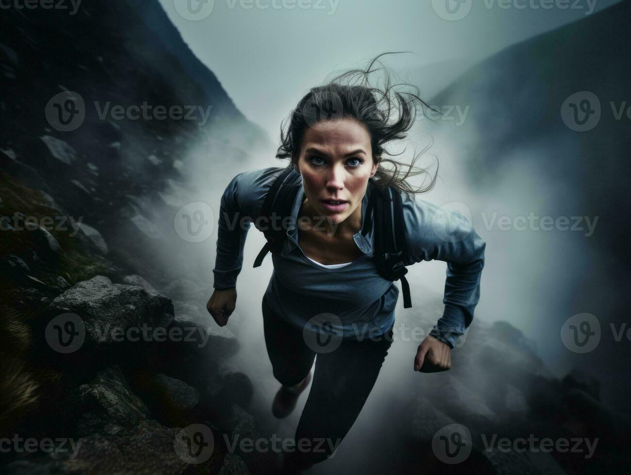 déterminé femme grimpe une raide Montagne Piste ai génératif photo
