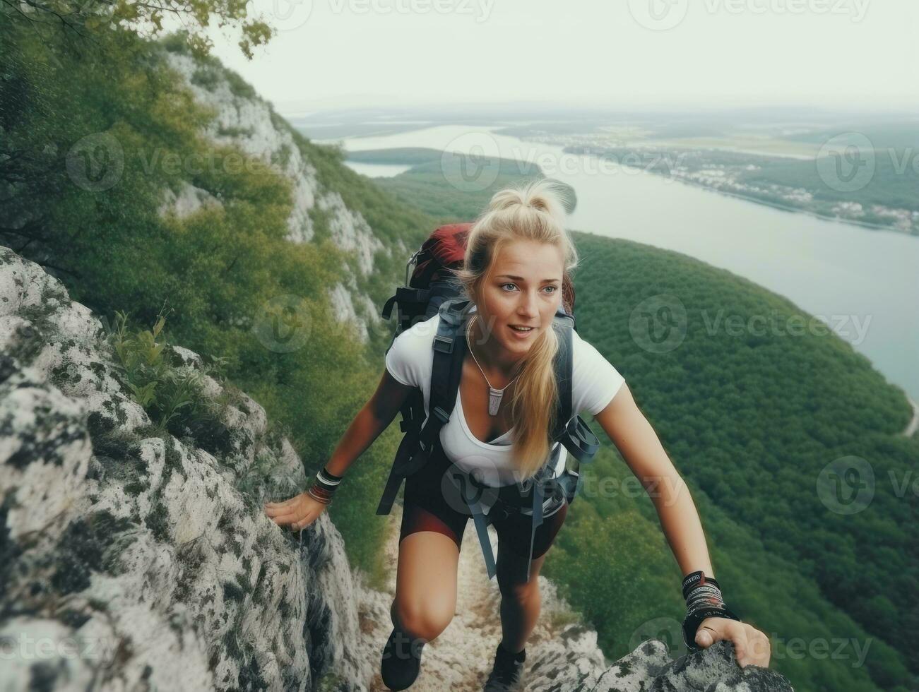 déterminé femme grimpe une raide Montagne Piste ai génératif photo