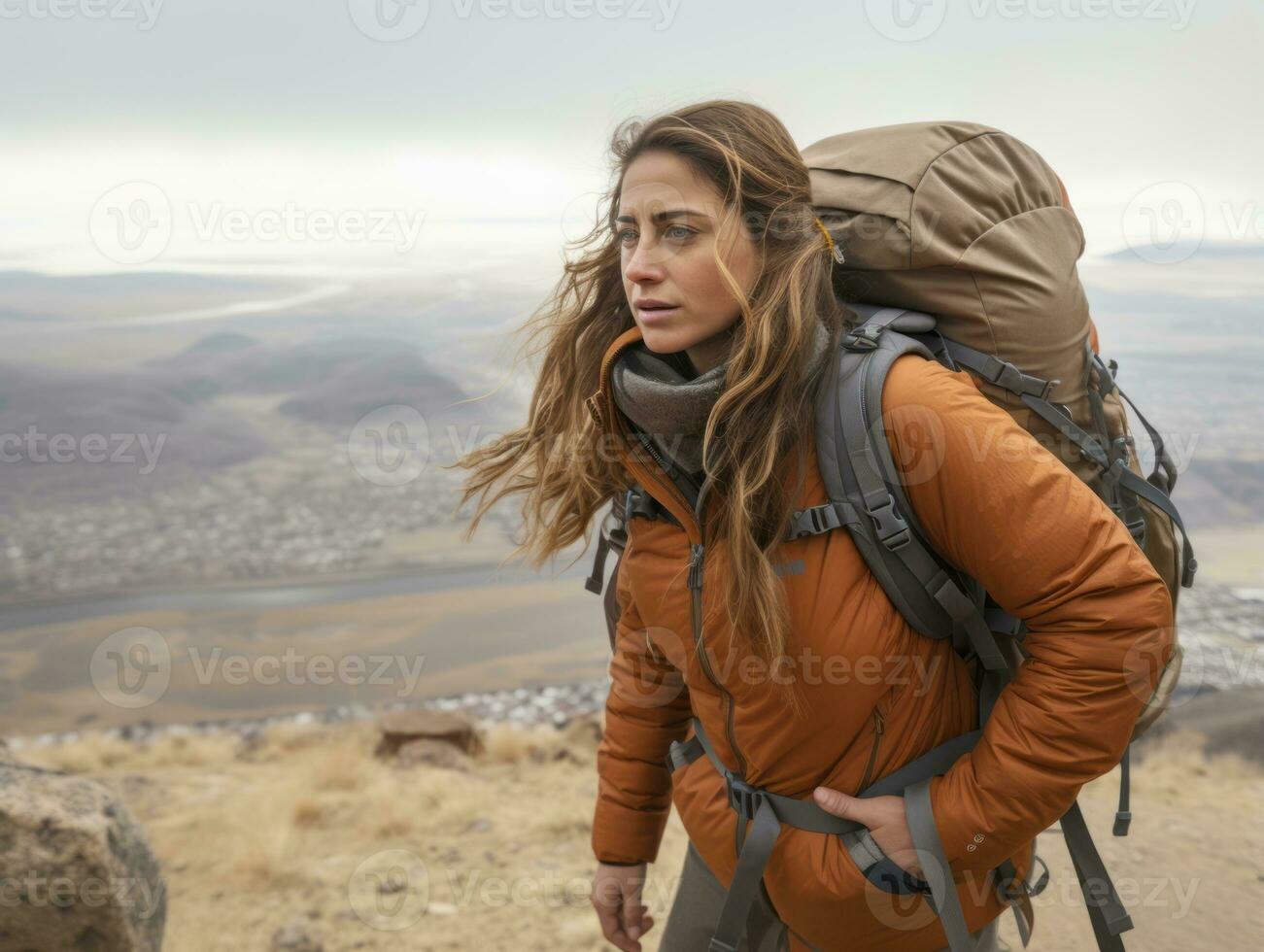 déterminé femme grimpe une raide Montagne Piste ai génératif photo