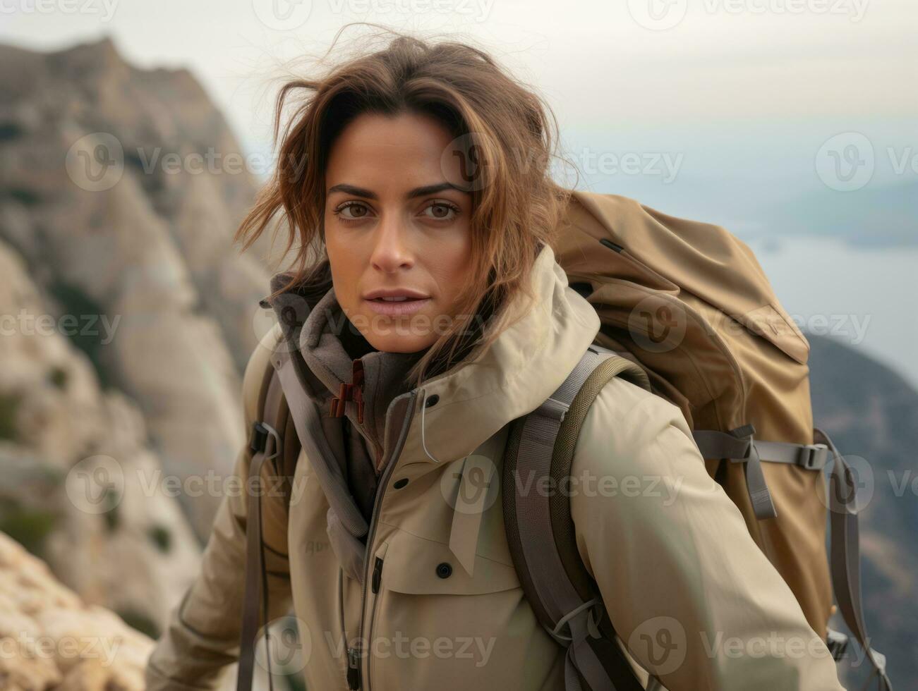 déterminé femme grimpe une raide Montagne Piste ai génératif photo