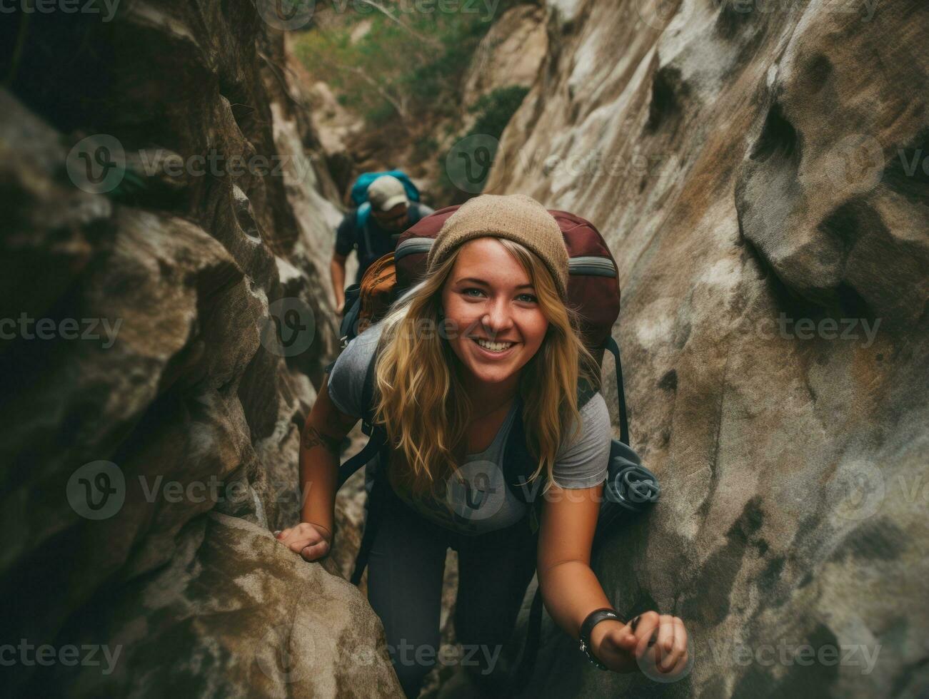 déterminé femme grimpe une raide Montagne Piste ai génératif photo