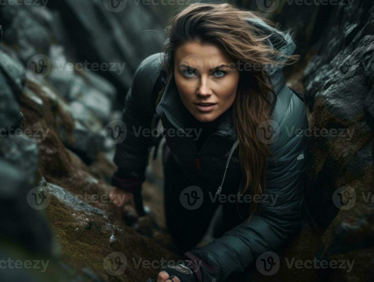 déterminé femme grimpe une raide Montagne Piste ai génératif photo