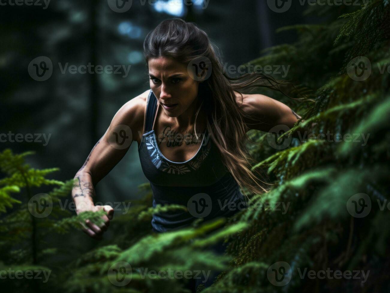 déterminé femme grimpe une raide Montagne Piste ai génératif photo