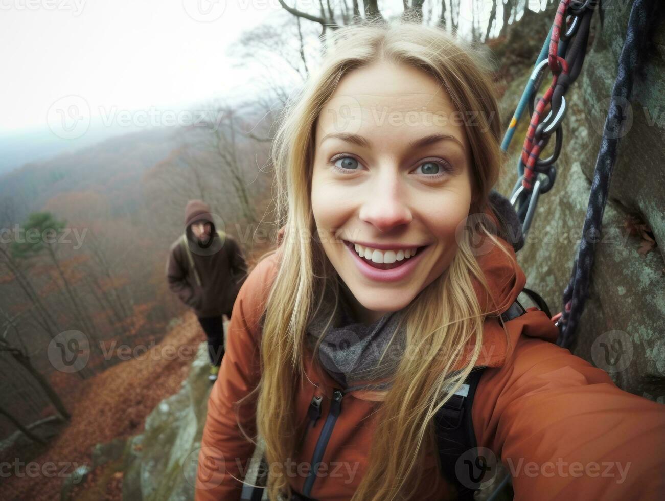 déterminé femme grimpe une raide Montagne Piste ai génératif photo