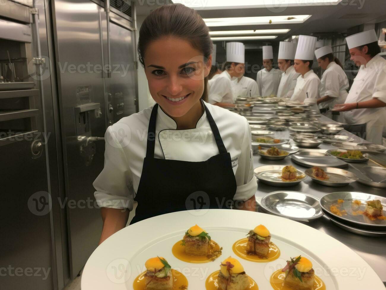 femelle chef crée culinaire chefs-d'œuvre dans une animé cuisine ai génératif photo