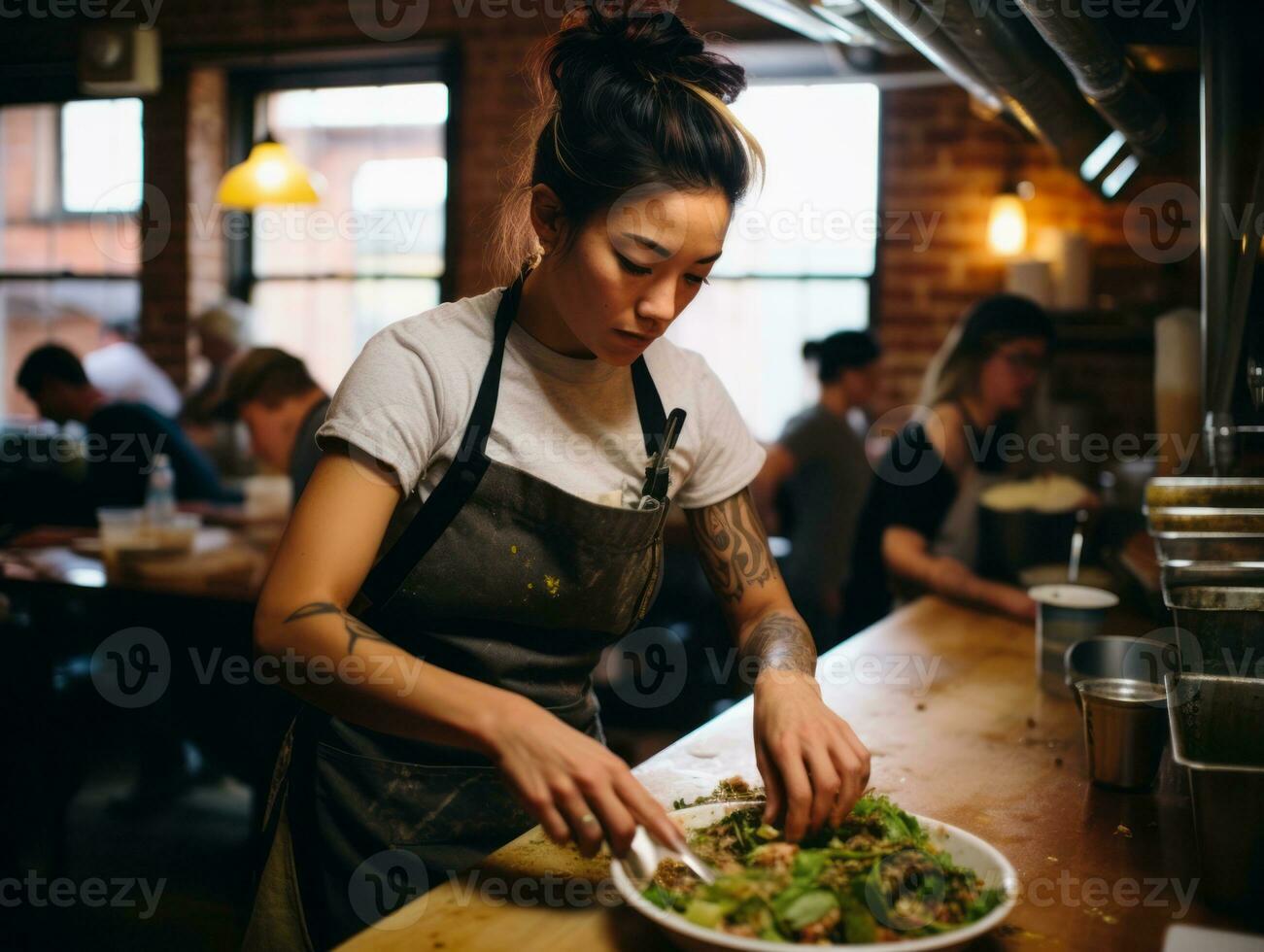 femelle chef crée culinaire chefs-d'œuvre dans une animé cuisine ai génératif photo