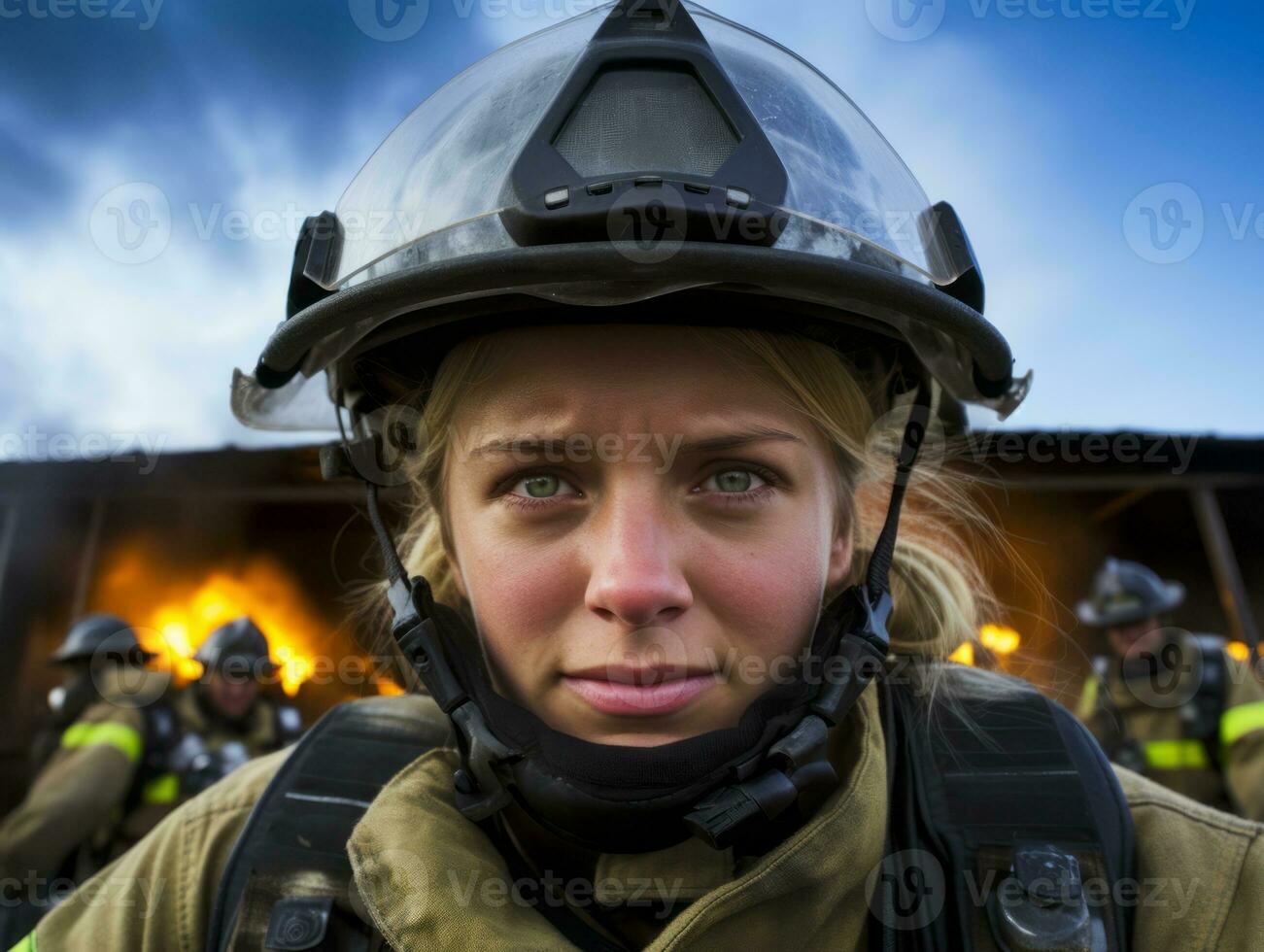 femelle sapeur pompier bravement batailles le Feu ai génératif photo