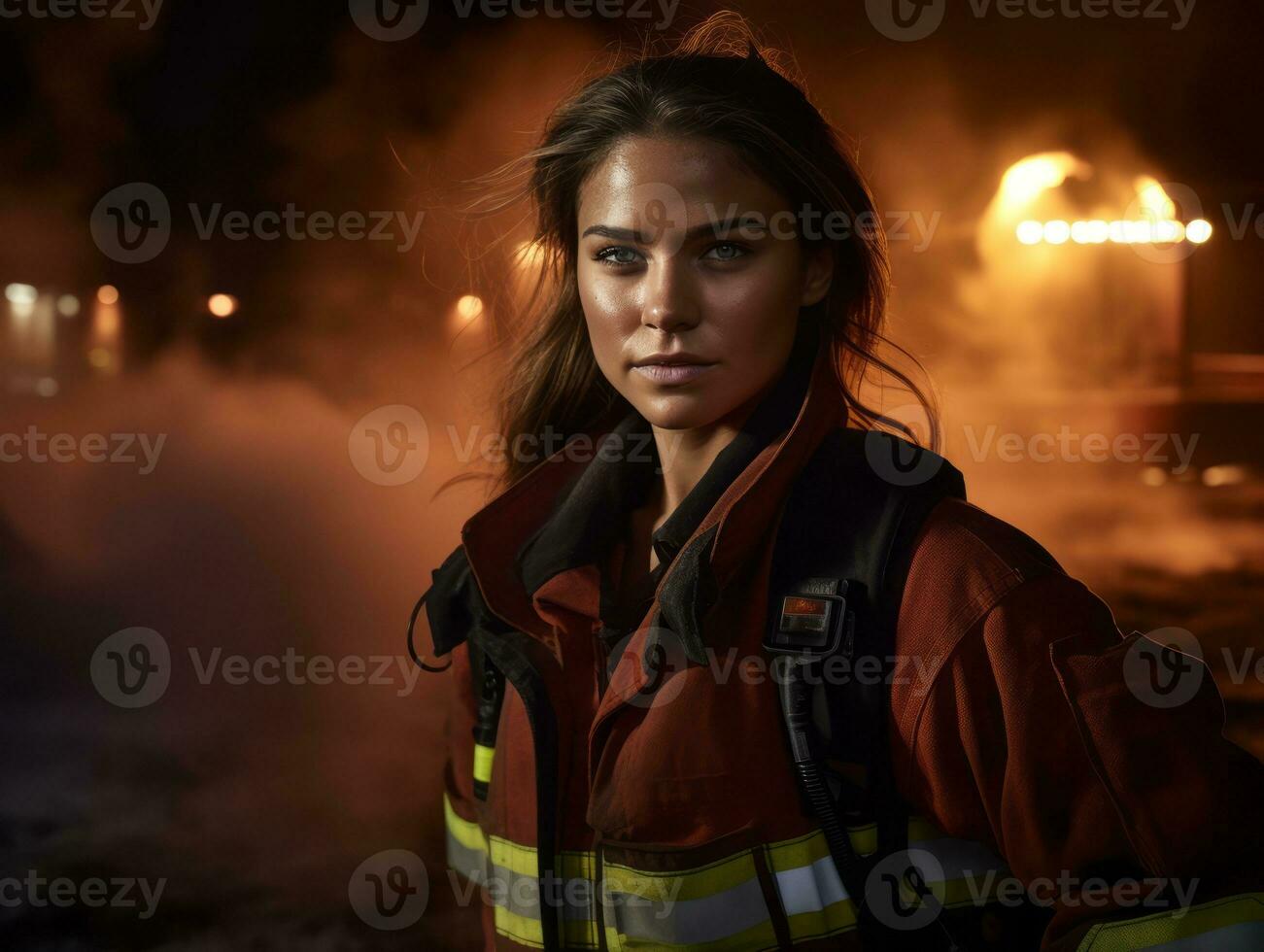 femelle sapeur pompier bravement batailles le Feu ai génératif photo