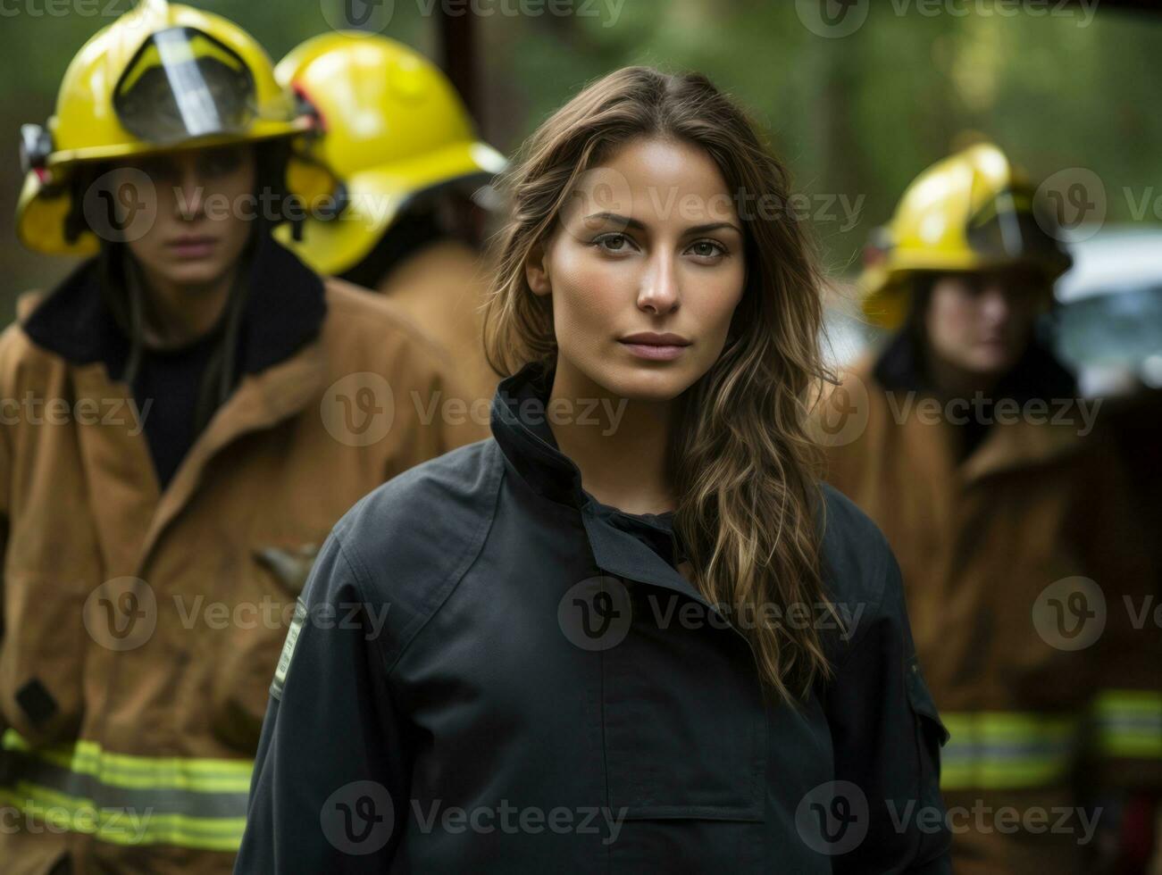 femelle sapeur pompier bravement batailles le Feu ai génératif photo