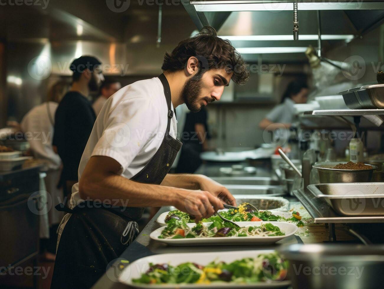 Masculin chef crée culinaire chefs-d'œuvre dans une animé cuisine ai génératif photo