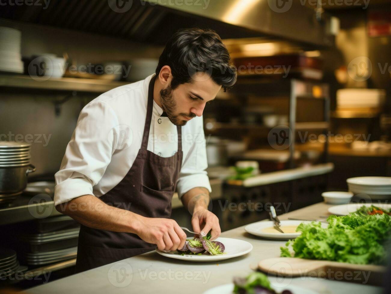 Masculin chef crée culinaire chefs-d'œuvre dans une animé cuisine ai génératif photo