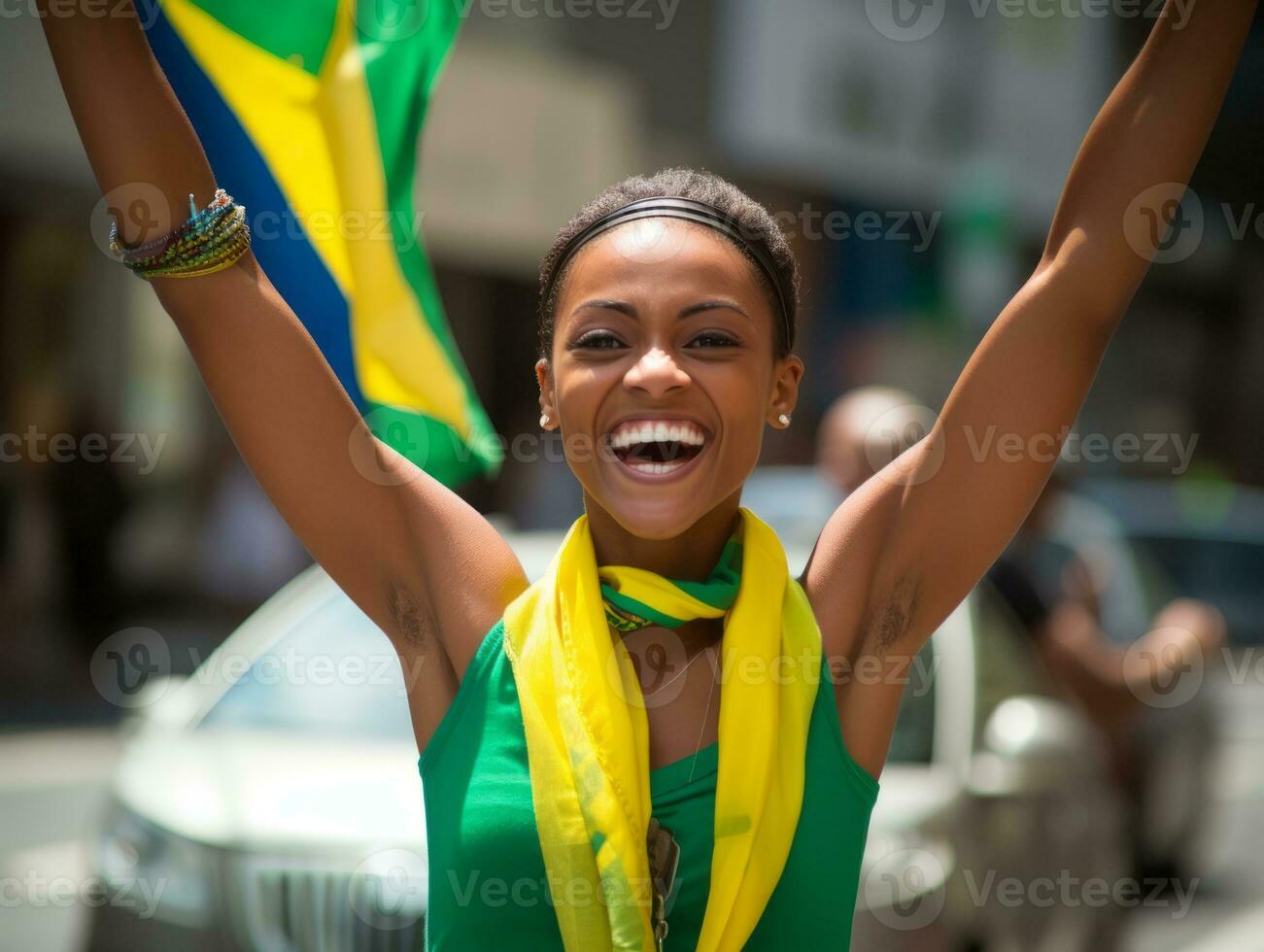 brésilien femme fête le sien football équipes la victoire ai génératif photo