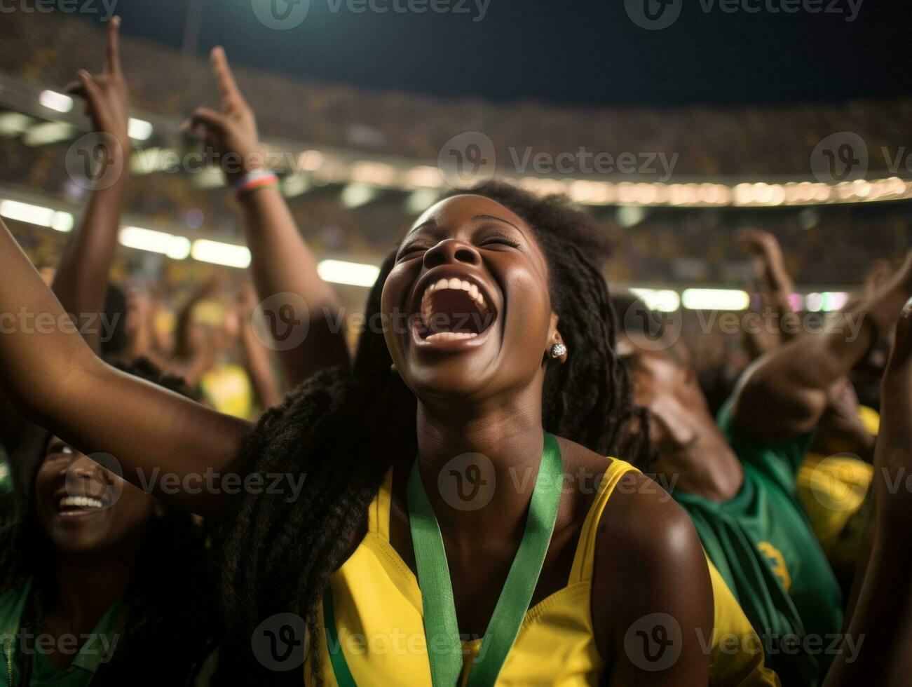 brésilien femme fête le sien football équipes la victoire ai génératif photo