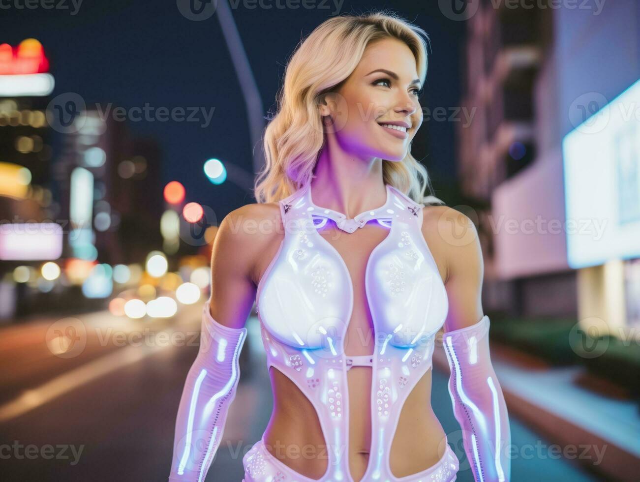 futuriste femme dans une lisse et technologiquement Avancée costume ai génératif photo