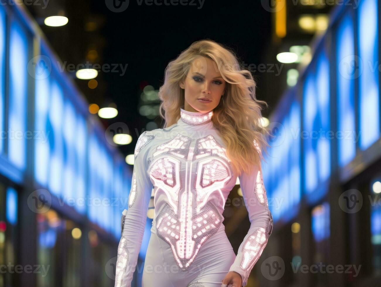 futuriste femme dans une lisse et technologiquement Avancée costume ai génératif photo