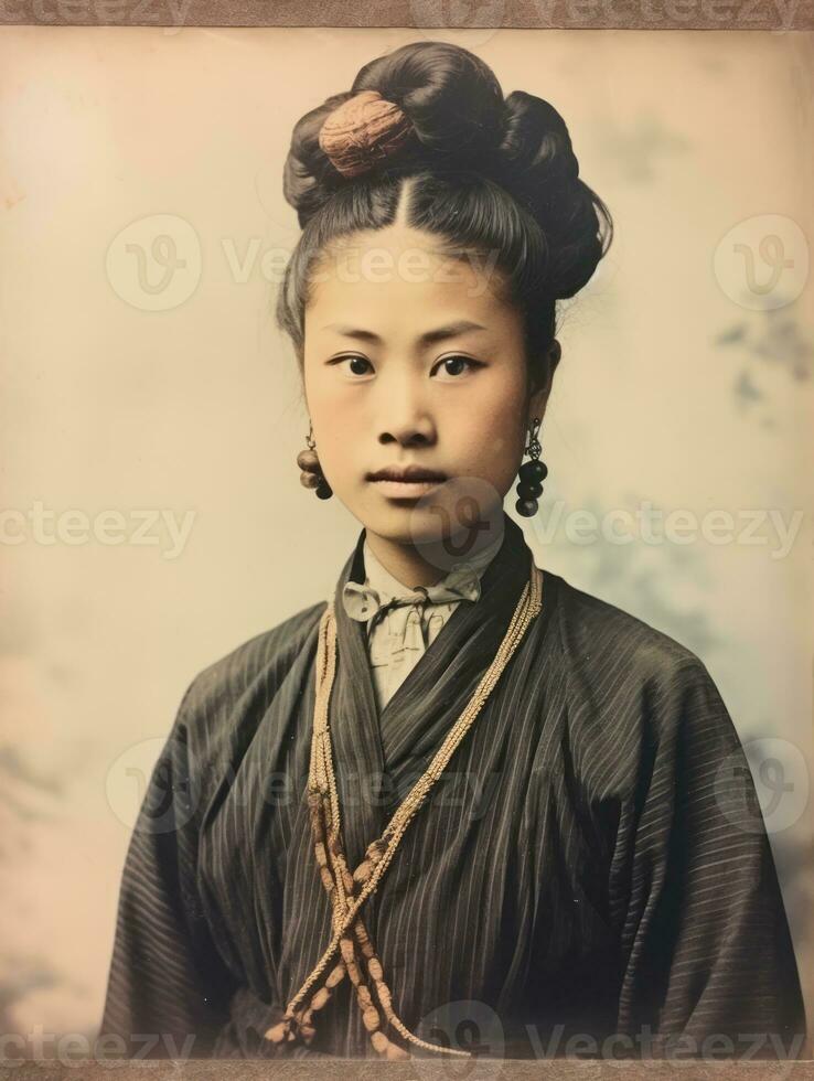 un vieux coloré photographier de une asiatique femme de le de bonne heure années 1900 ai génératif photo