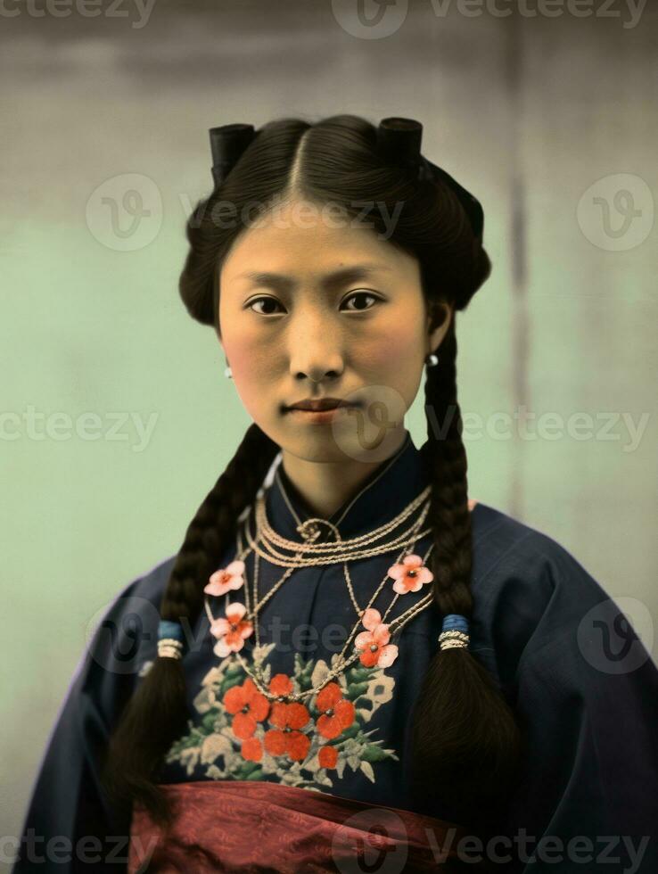 un vieux coloré photographier de une asiatique femme de le de bonne heure années 1900 ai génératif photo