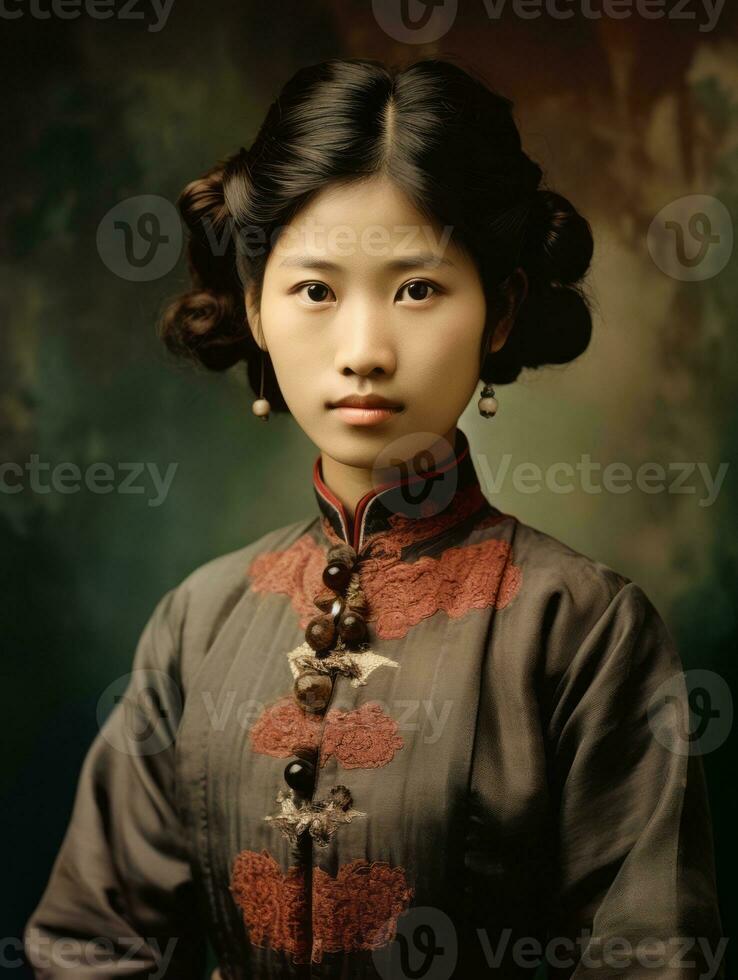 un vieux coloré photographier de une asiatique femme de le de bonne heure années 1900 ai génératif photo