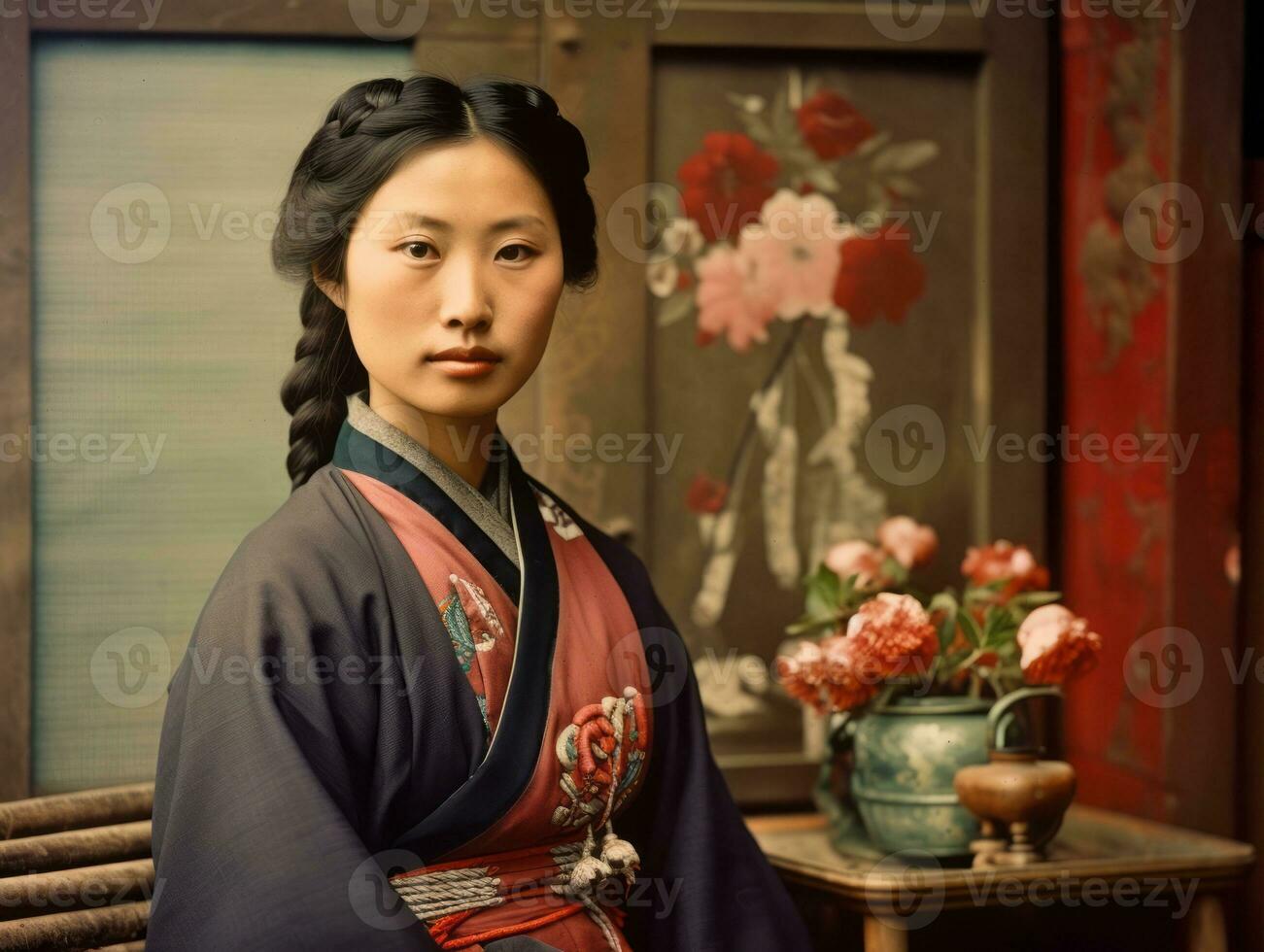 un vieux coloré photographier de une asiatique femme de le de bonne heure années 1900 ai génératif photo