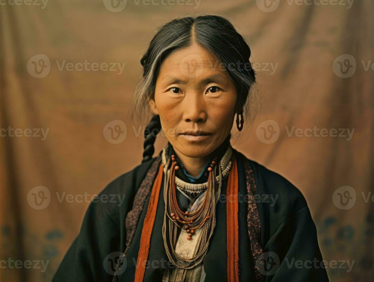 un vieux coloré photographier de une asiatique femme de le de bonne heure années 1900 ai génératif photo