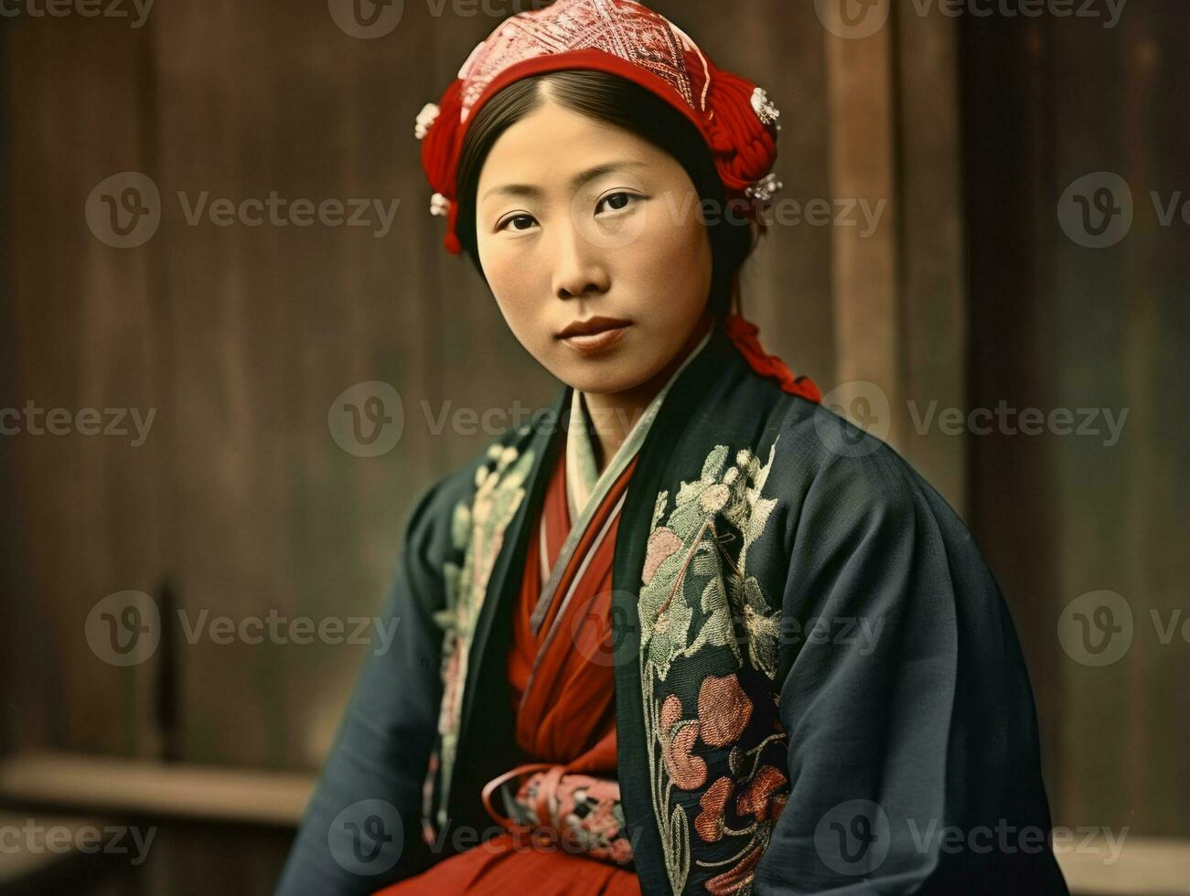 un vieux coloré photographier de une asiatique femme de le de bonne heure années 1900 ai génératif photo