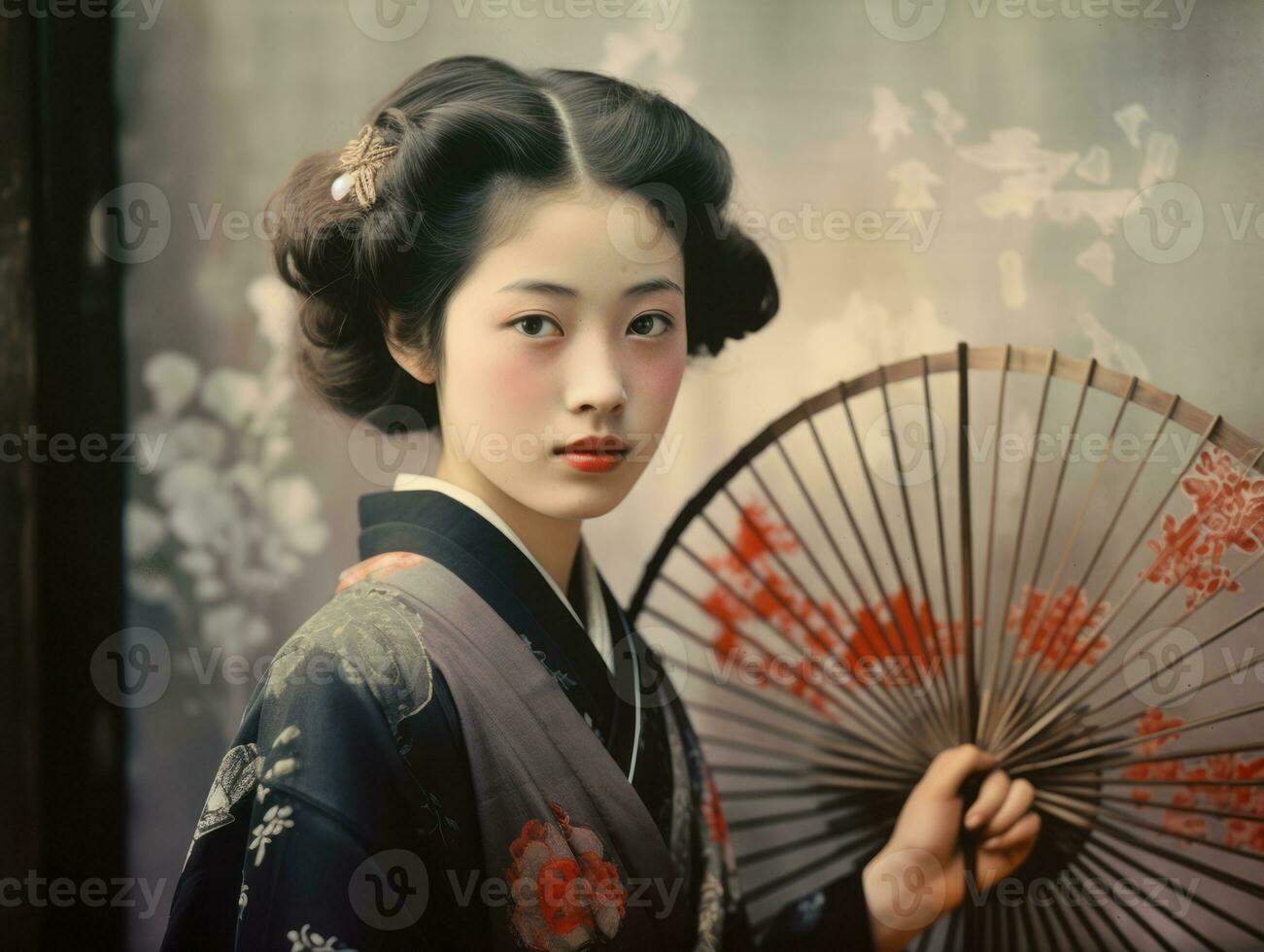 un vieux coloré photographier de une asiatique femme de le de bonne heure années 1900 ai génératif photo