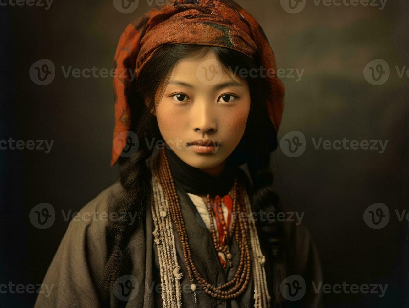 un vieux coloré photographier de une asiatique femme de le de bonne heure années 1900 ai génératif photo