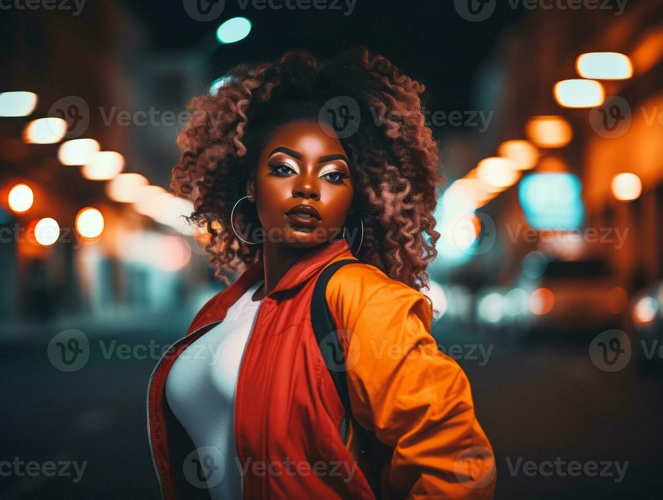 plus Taille femme en marchant en toute confiance par le vibrant néon allumé des rues ai génératif photo