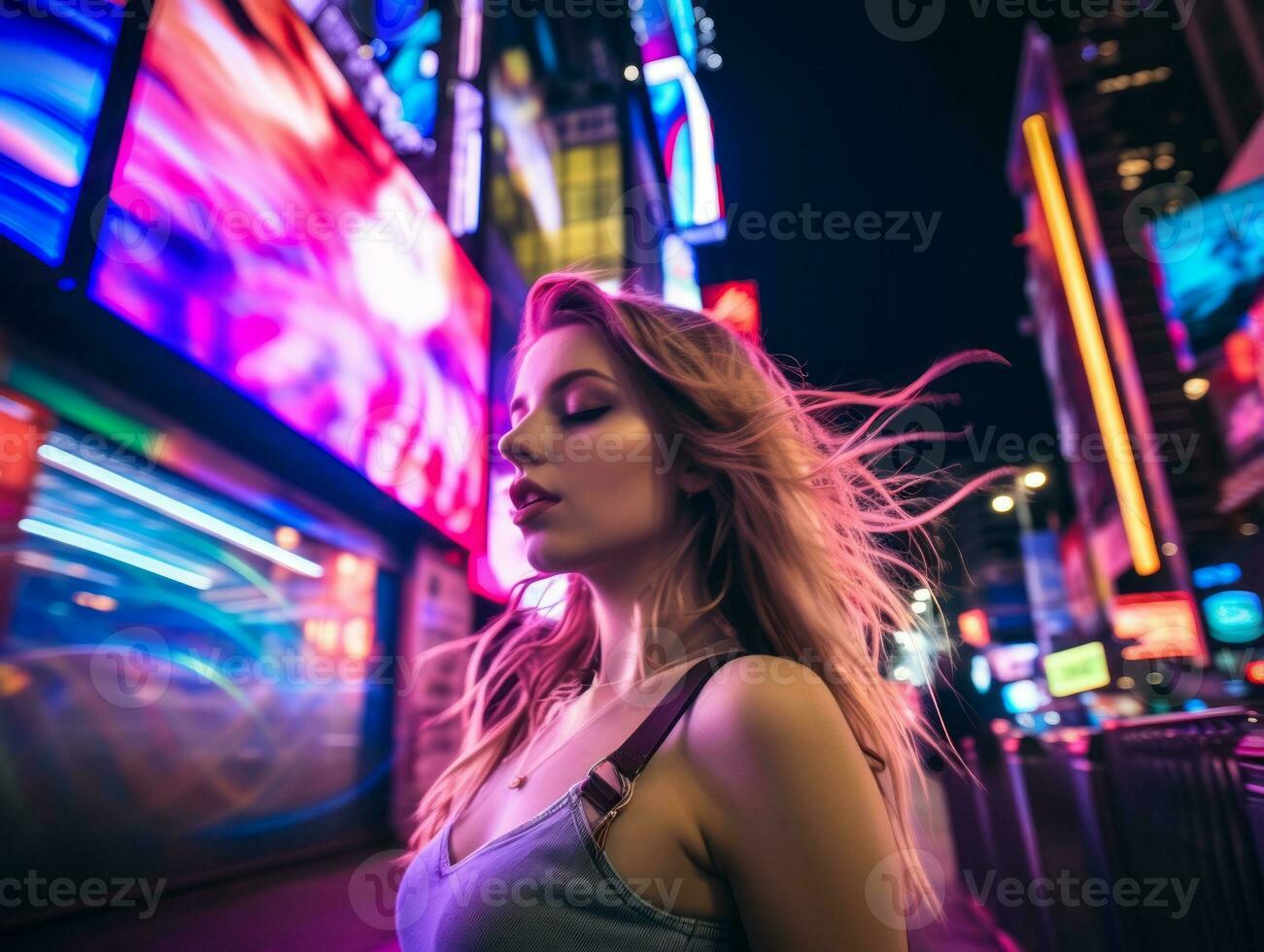 plus Taille femme en marchant en toute confiance par le vibrant néon allumé des rues ai génératif photo