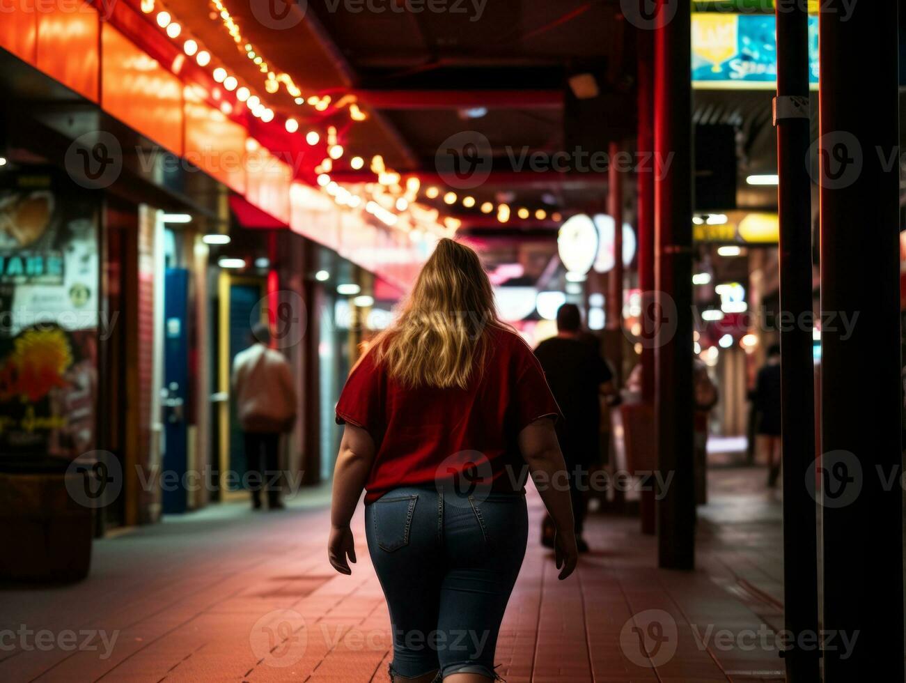 plus Taille femme en marchant en toute confiance par le vibrant néon allumé des rues ai génératif photo