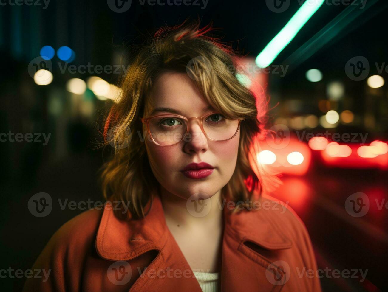 plus Taille femme en marchant en toute confiance par le vibrant néon allumé des rues ai génératif photo