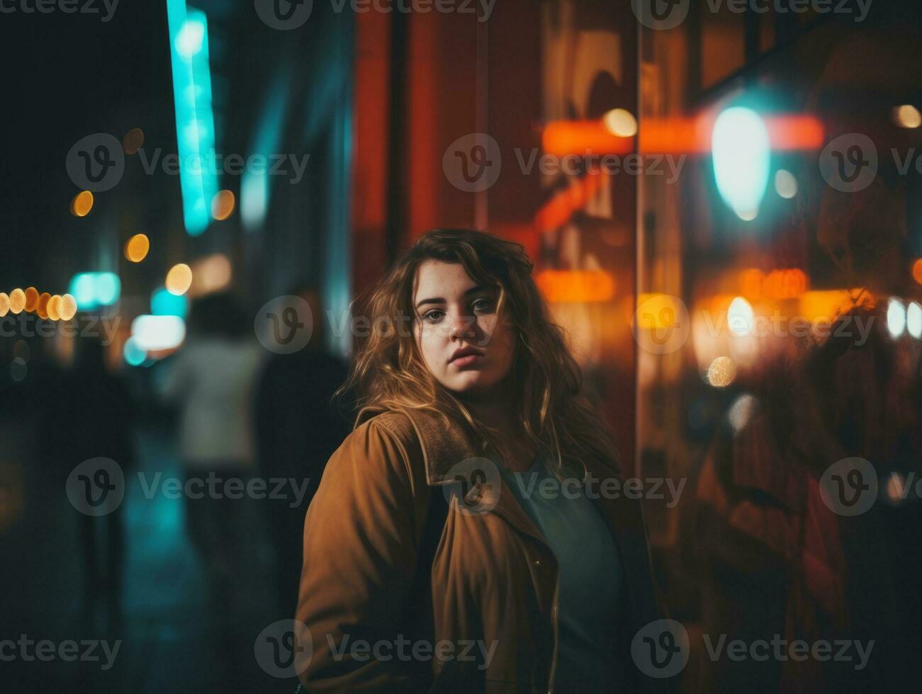 plus Taille femme en marchant en toute confiance par le vibrant néon allumé des rues ai génératif photo