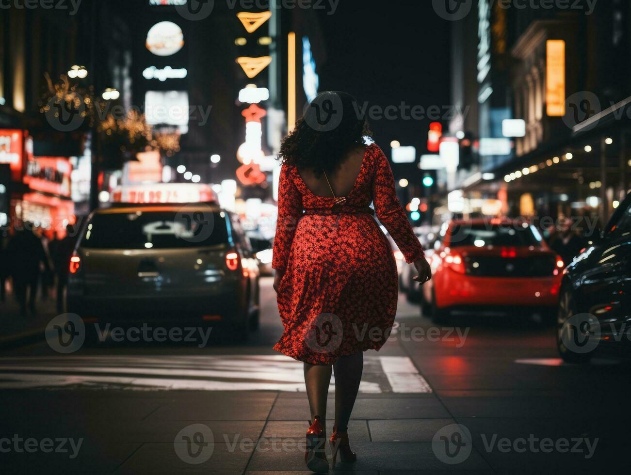 plus Taille femme en marchant en toute confiance par le vibrant néon allumé des rues ai génératif photo