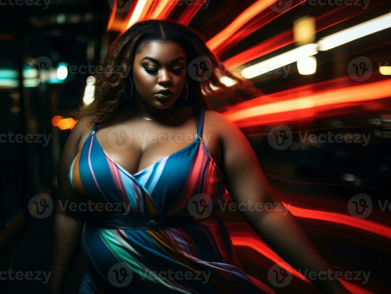 plus Taille femme en marchant en toute confiance par le vibrant néon allumé des rues ai génératif photo