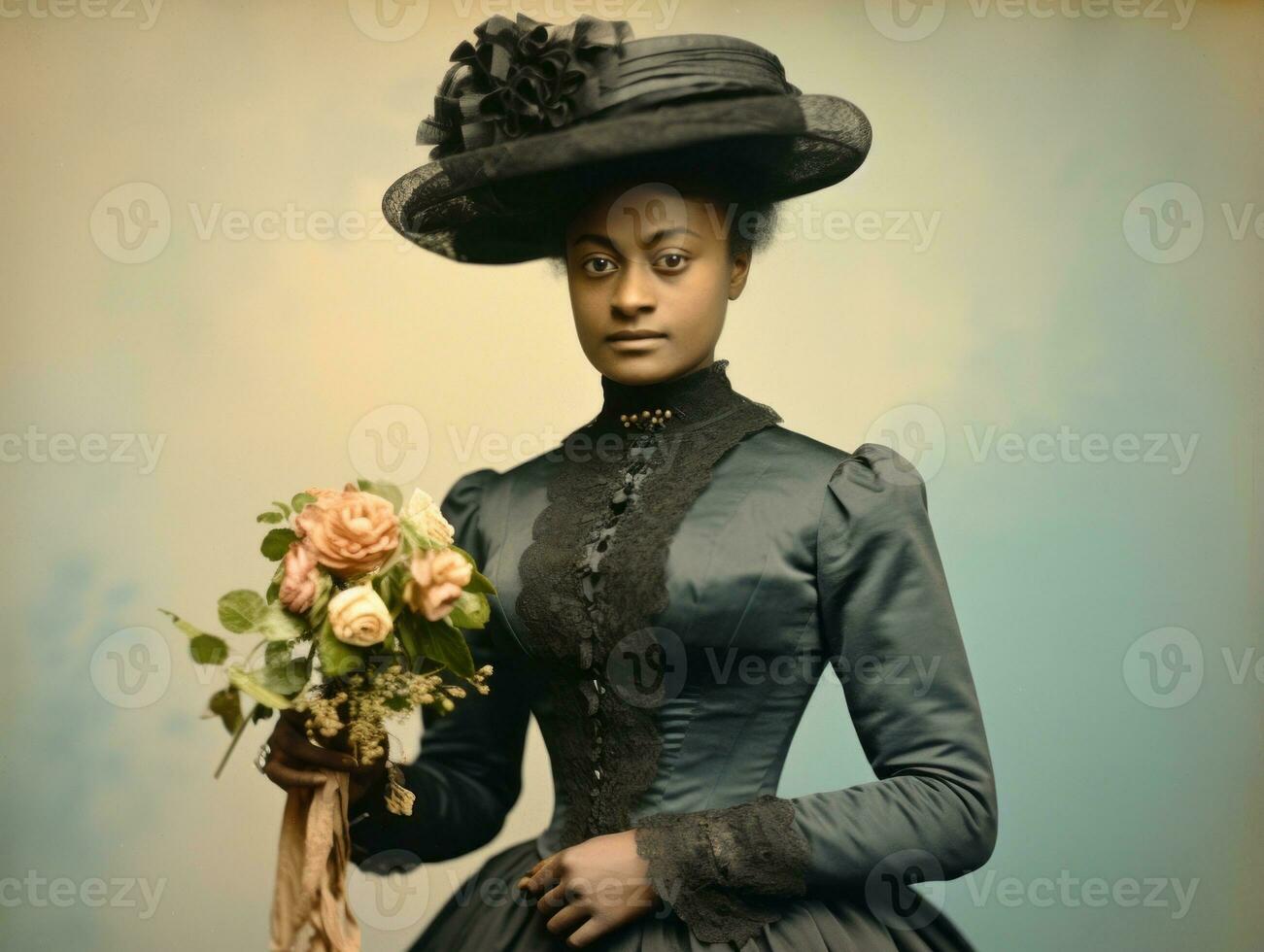 vieux coloré photographier de une noir femme de le de bonne heure années 1900 ai génératif photo