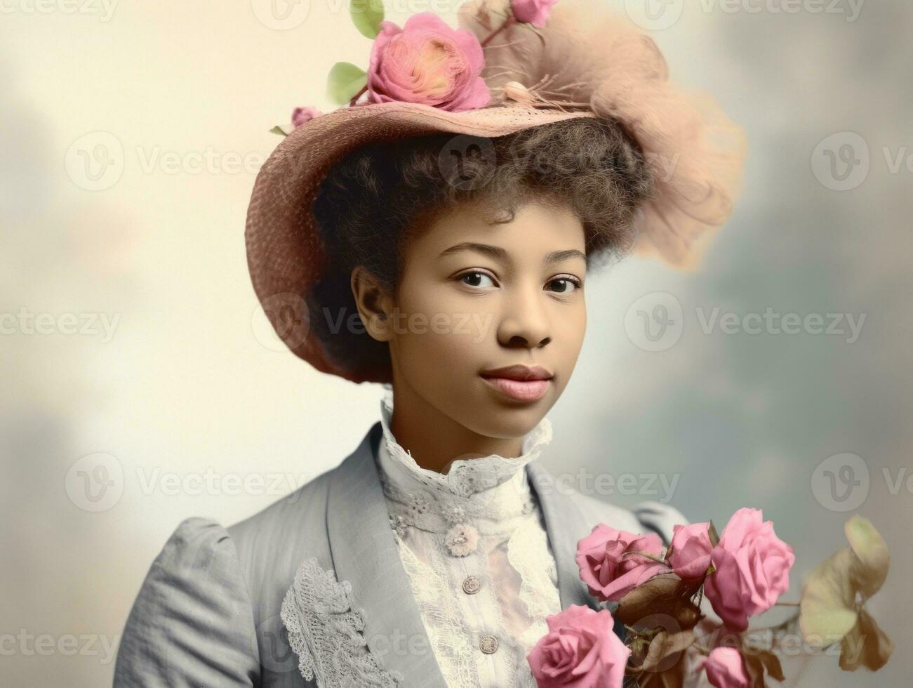 vieux coloré photographier de une noir femme de le de bonne heure années 1900 ai génératif photo