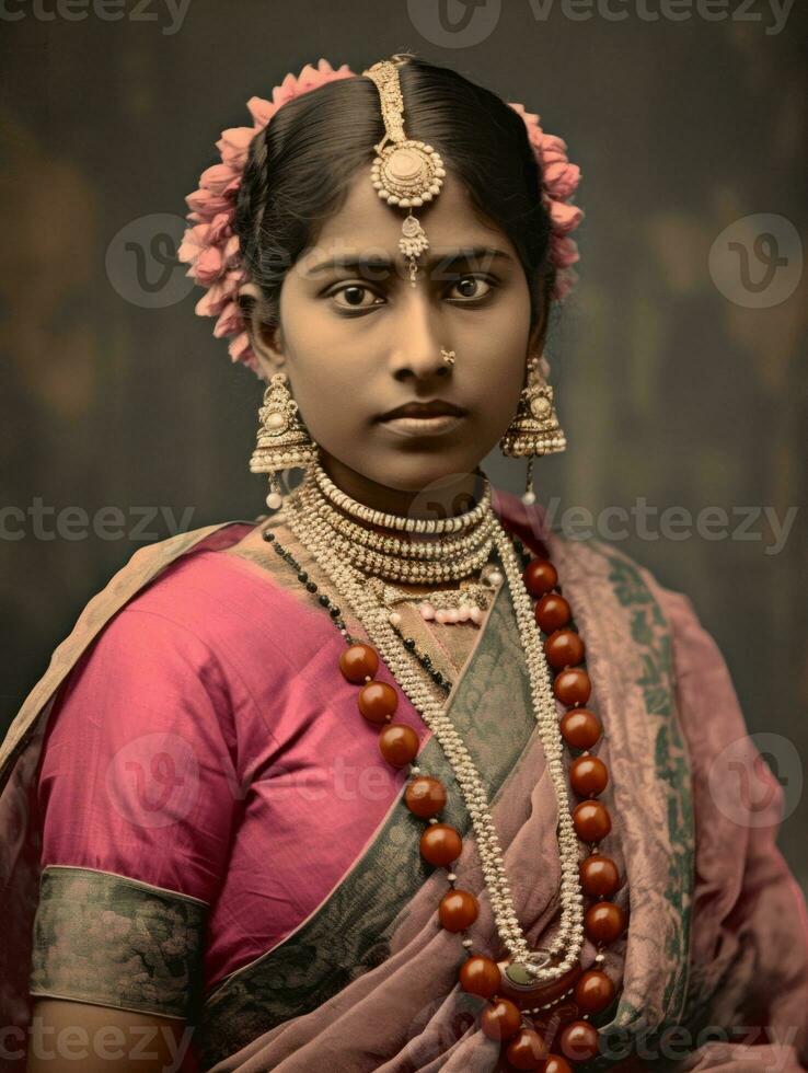 vieux coloré photographier de une Indien femme de le de bonne heure années 1900 ai génératif photo