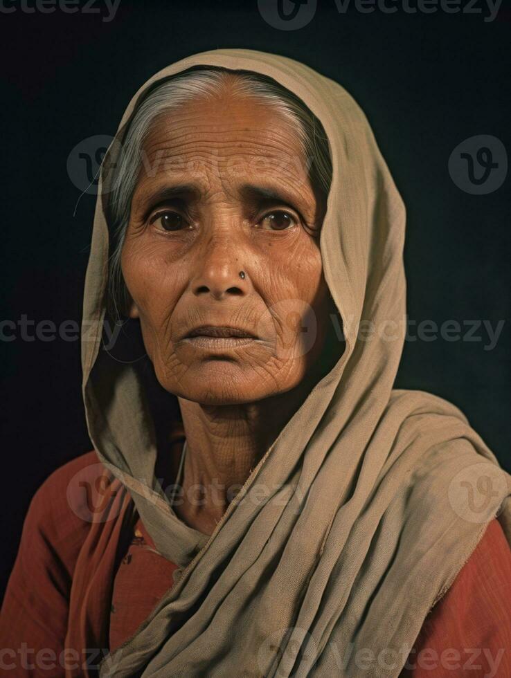 vieux coloré photographier de une Indien femme de le de bonne heure années 1900 ai génératif photo