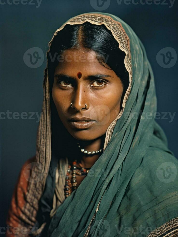 vieux coloré photographier de une Indien femme de le de bonne heure années 1900 ai génératif photo