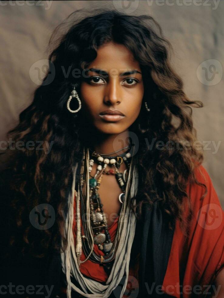 vieux coloré photographier de une Indien femme de le de bonne heure années 1900 ai génératif photo