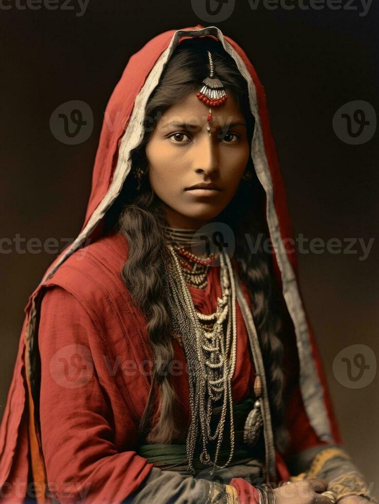 vieux coloré photographier de une Indien femme de le de bonne heure années 1900 ai génératif photo