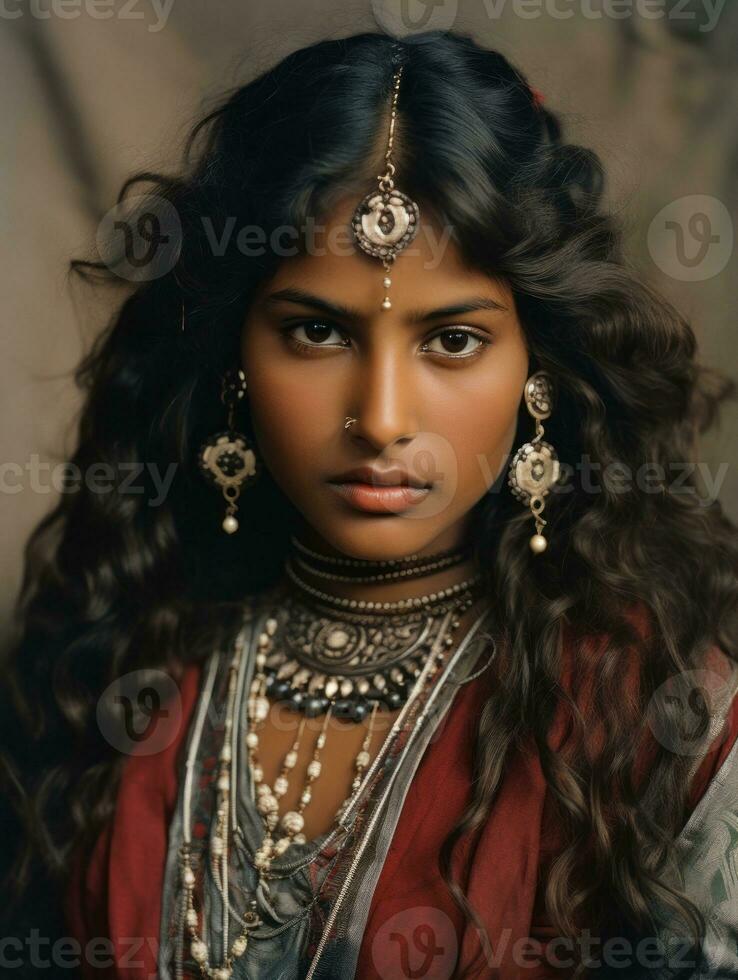 vieux coloré photographier de une Indien femme de le de bonne heure années 1900 ai génératif photo