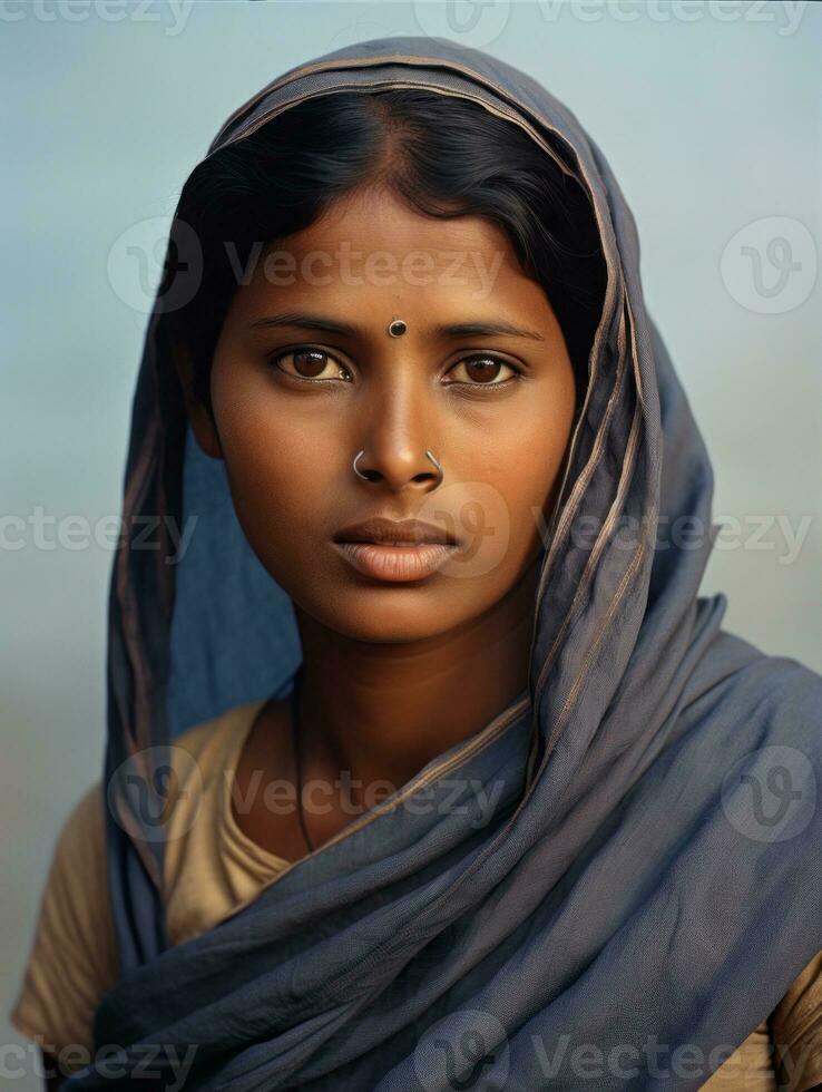 vieux coloré photographier de une Indien femme de le de bonne heure années 1900 ai génératif photo