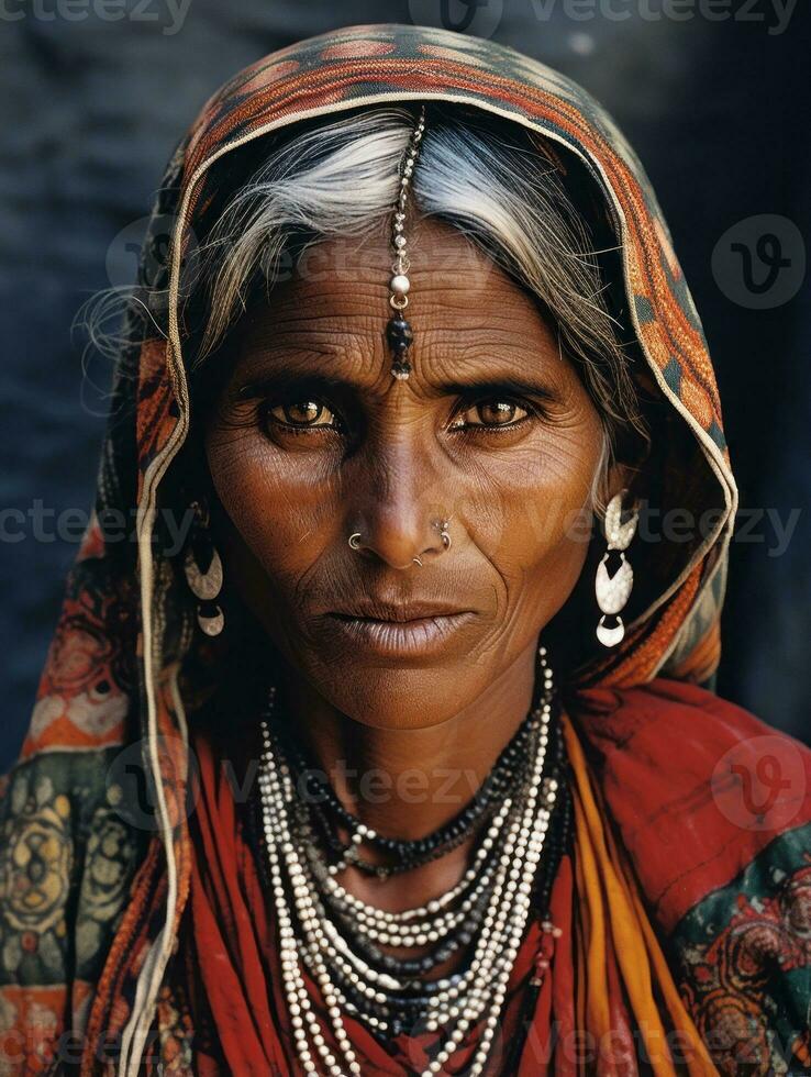 vieux coloré photographier de une Indien femme de le de bonne heure années 1900 ai génératif photo