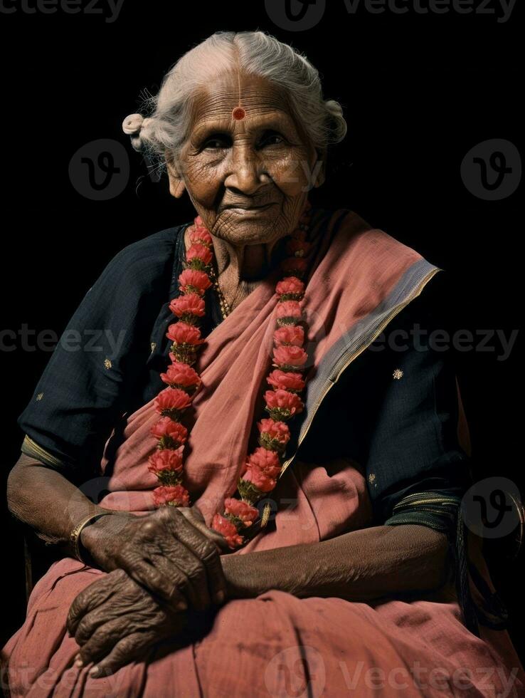 vieux coloré photographier de une Indien femme de le de bonne heure années 1900 ai génératif photo